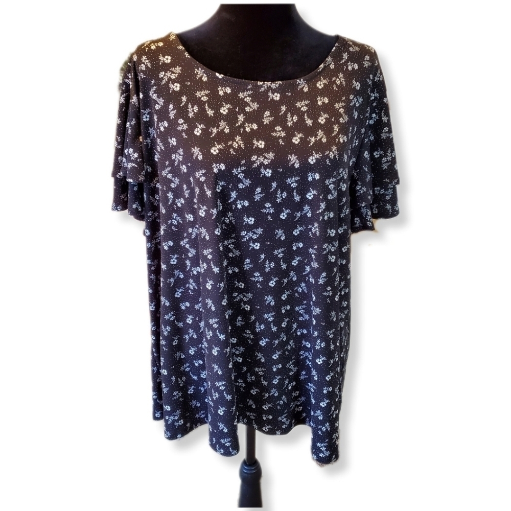 Adrianna Papell Plus Size Black Floral Flutter Sleeve Blouse Sz 3X
